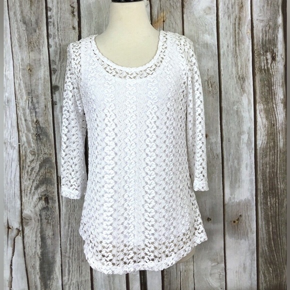 Notations Dresses & Skirts - Notations White Lace Long Sleeve Crotchet Mini Dress